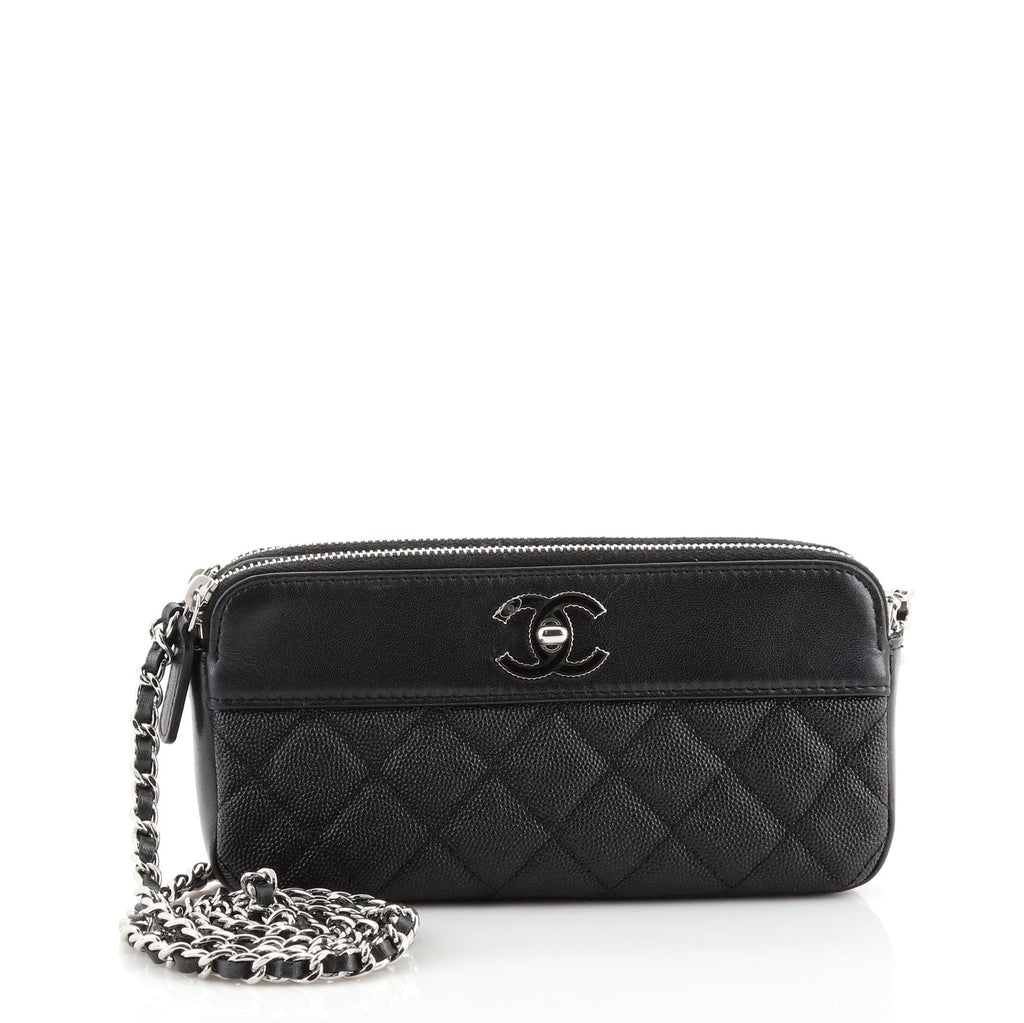 Mademoiselle Vintage Double Zip Clutch with Chain Quilted Caviar