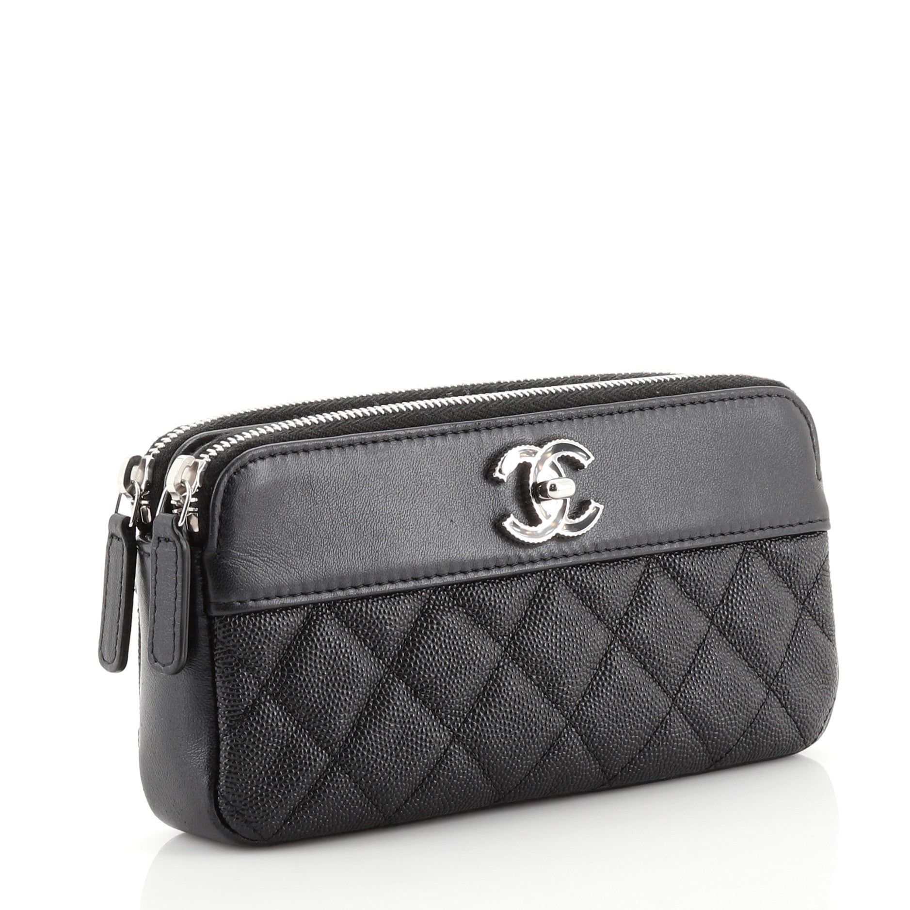Mademoiselle Vintage Double Zip Clutch with Chain Quilted Caviar