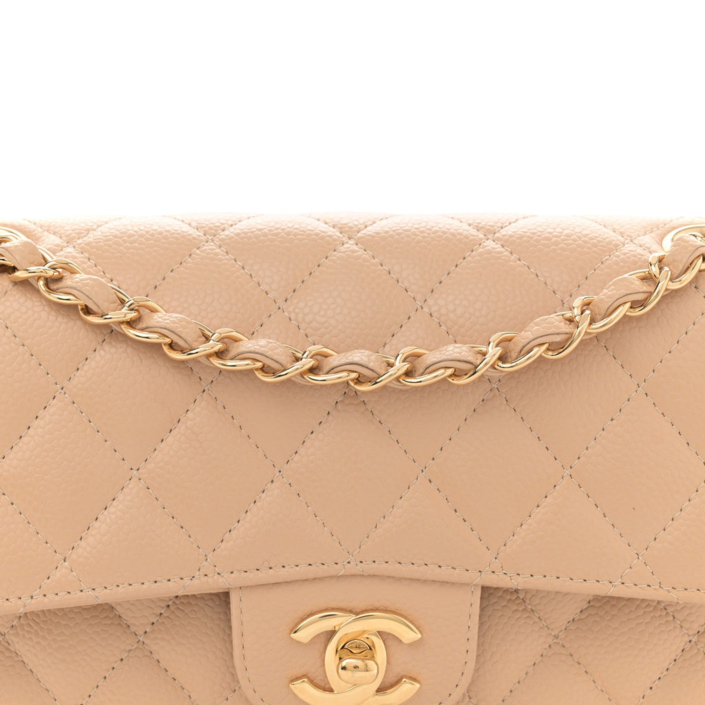 Caviar Quilted Small Double Flap Beige