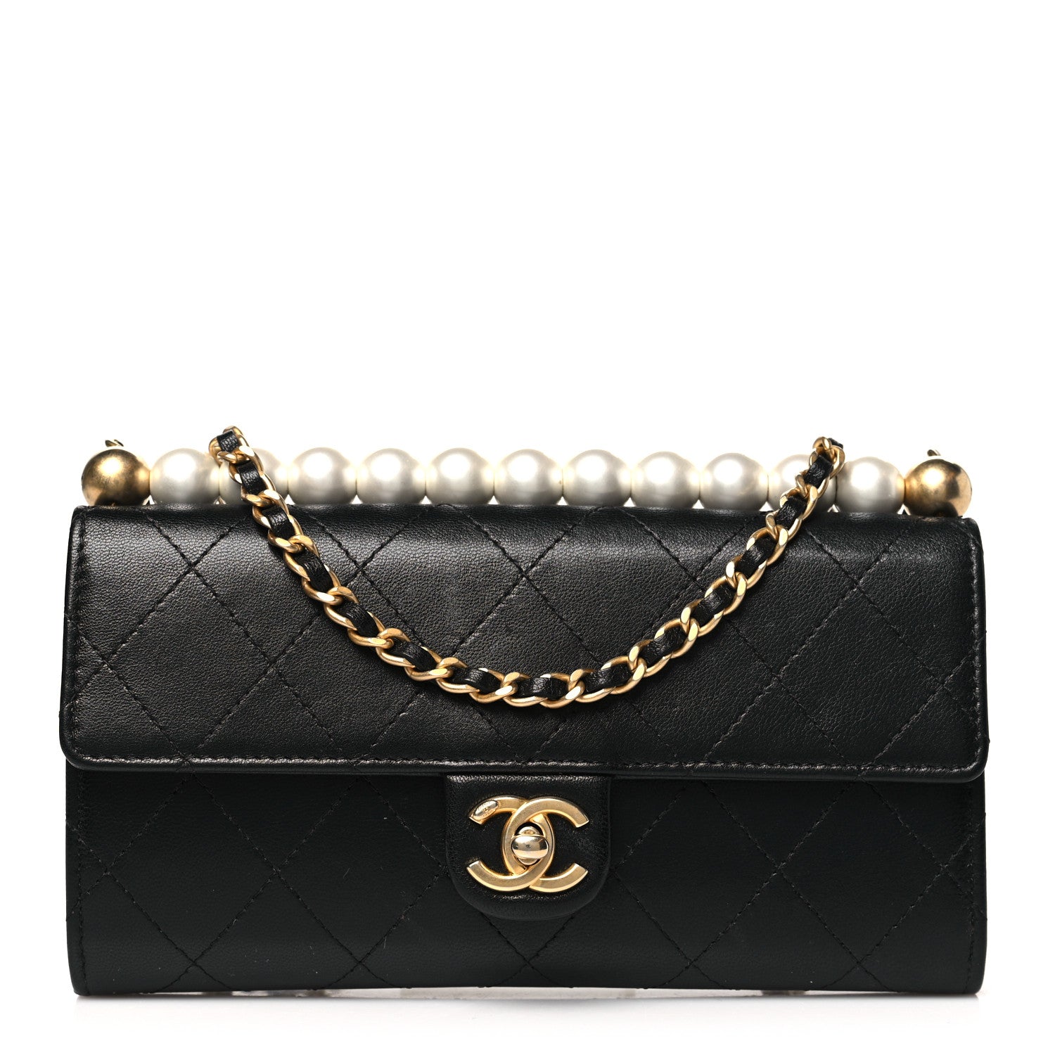 Lambskin Quilted Chic Pearls Clutch With Chain Black