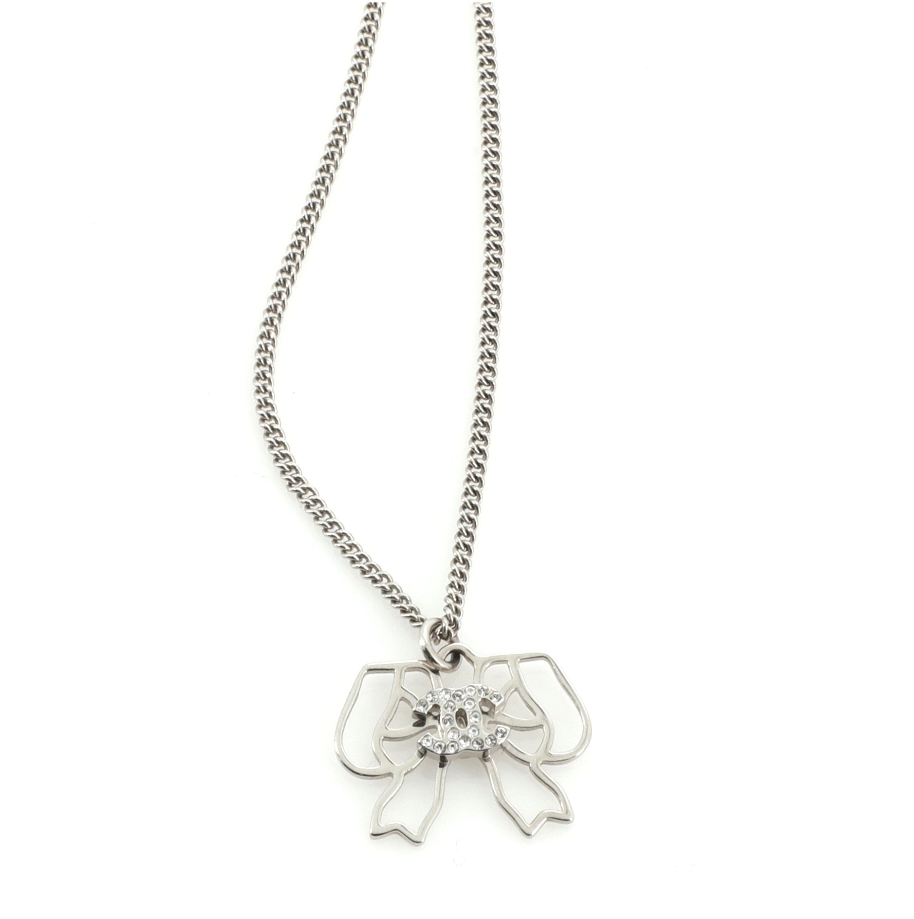CC Ribbon Cut-Out Pendant Necklace Metal with Crystals