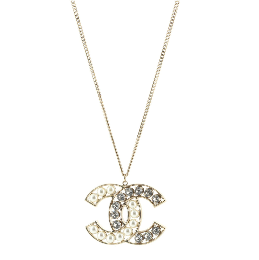 CC Pendant Necklace Metal with Crystals and Faux Pearls