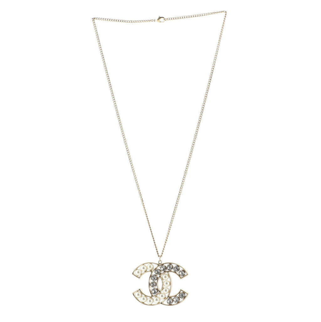 CC Pendant Necklace Metal with Crystals and Faux Pearls