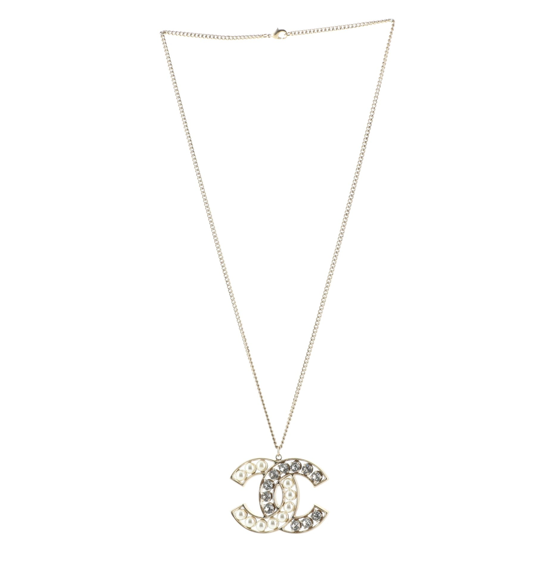 CC Pendant Necklace Metal with Crystals and Faux Pearls