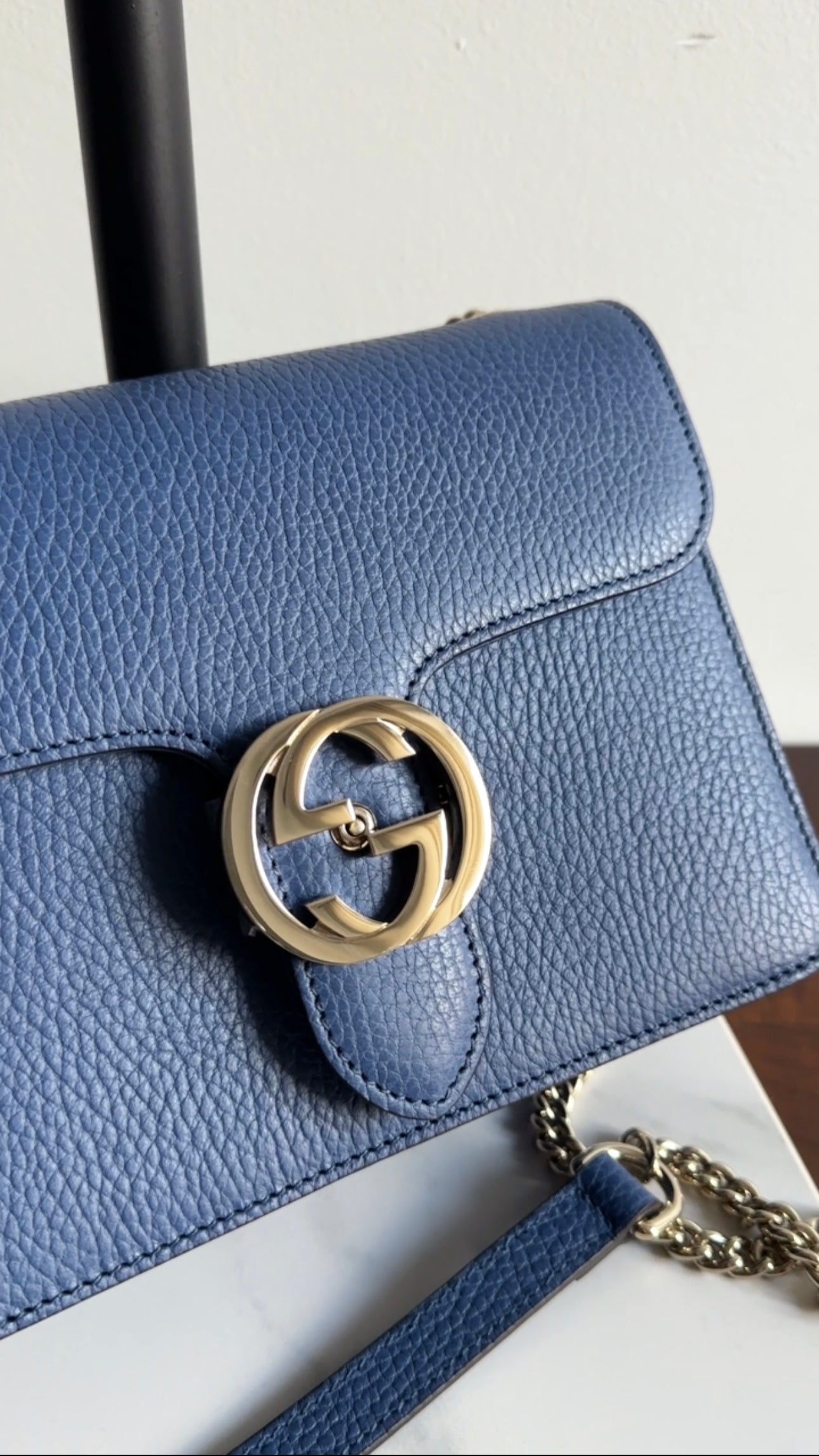 Gucci Blue Leather Small Dollar Interlocking G Chain Flap Bag
