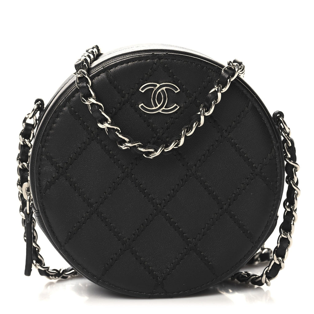 Lambskin Stitch Round Clutch With Chain Black