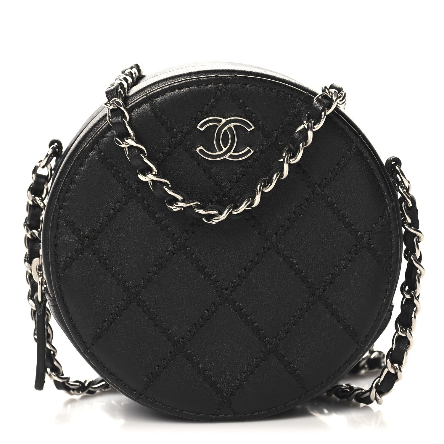 Lambskin Stitch Round Clutch With Chain Black