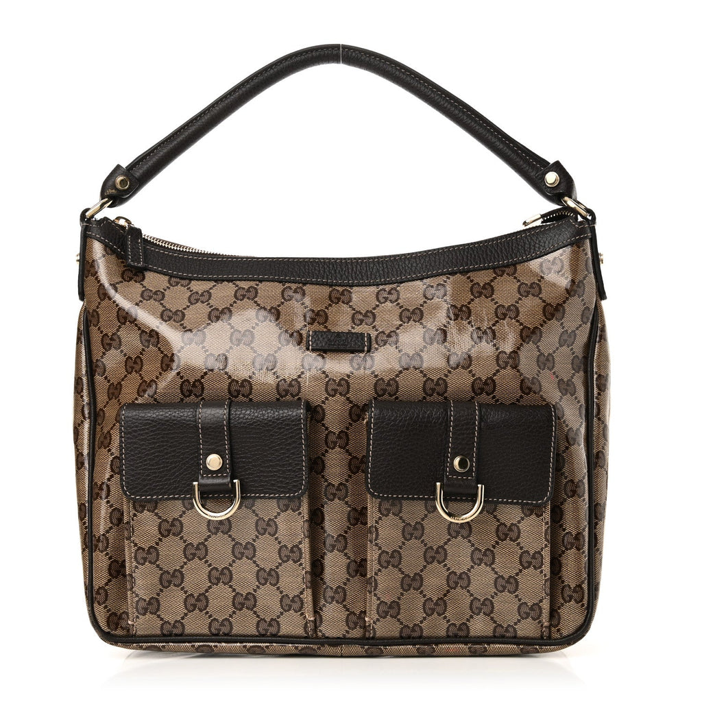 Crystal Monogram Medium Abbey Pocket Hobo Tote Dark Brown