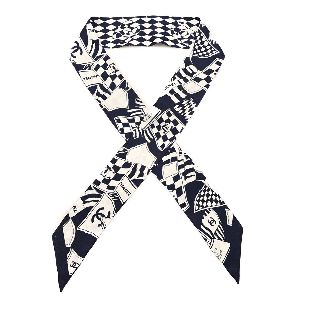 Silk CC Slim Bandeau Scarf Navy Blue White