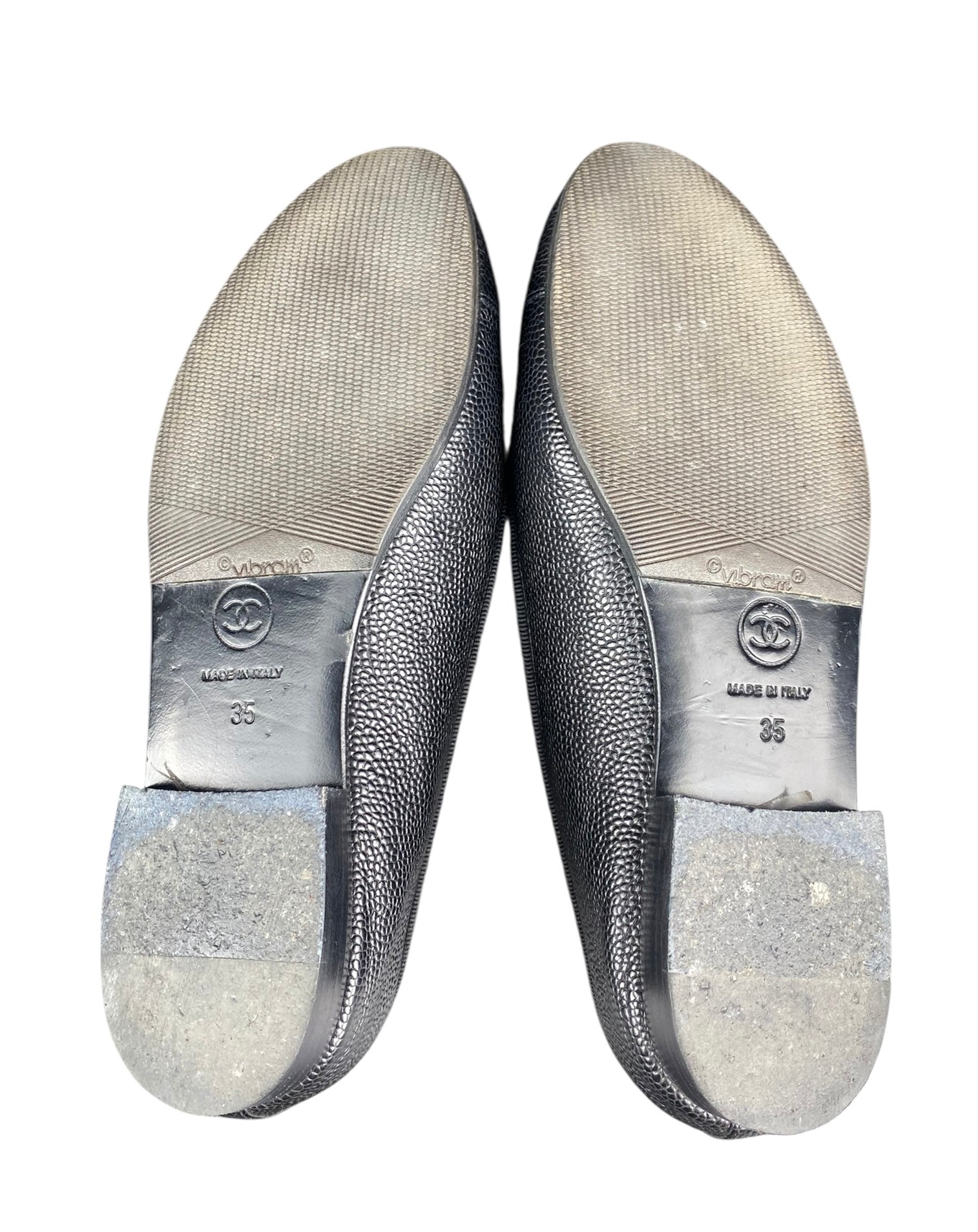 Chanel Black Leather Interlocking CC Bow Logo Flats - 35