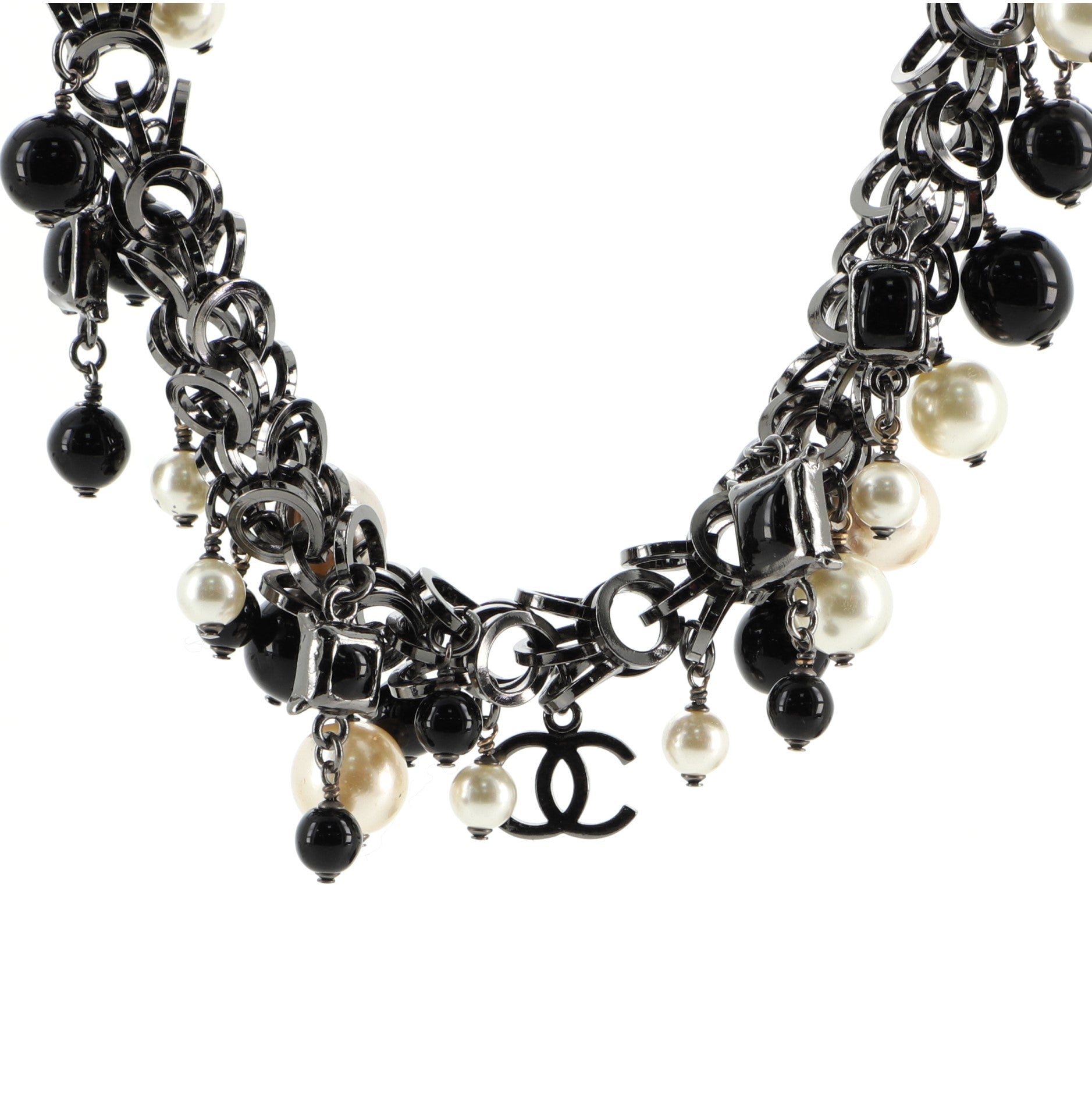 CC Long Necklace Faux Pearls, Beads and Metal with Enamel