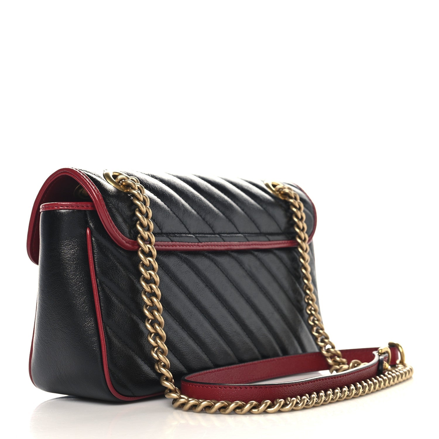 Vintage Effect Calfskin Matelasse Diagonal Small Torchon GG Marmont Shoulder Bag Black Romantic Cherry