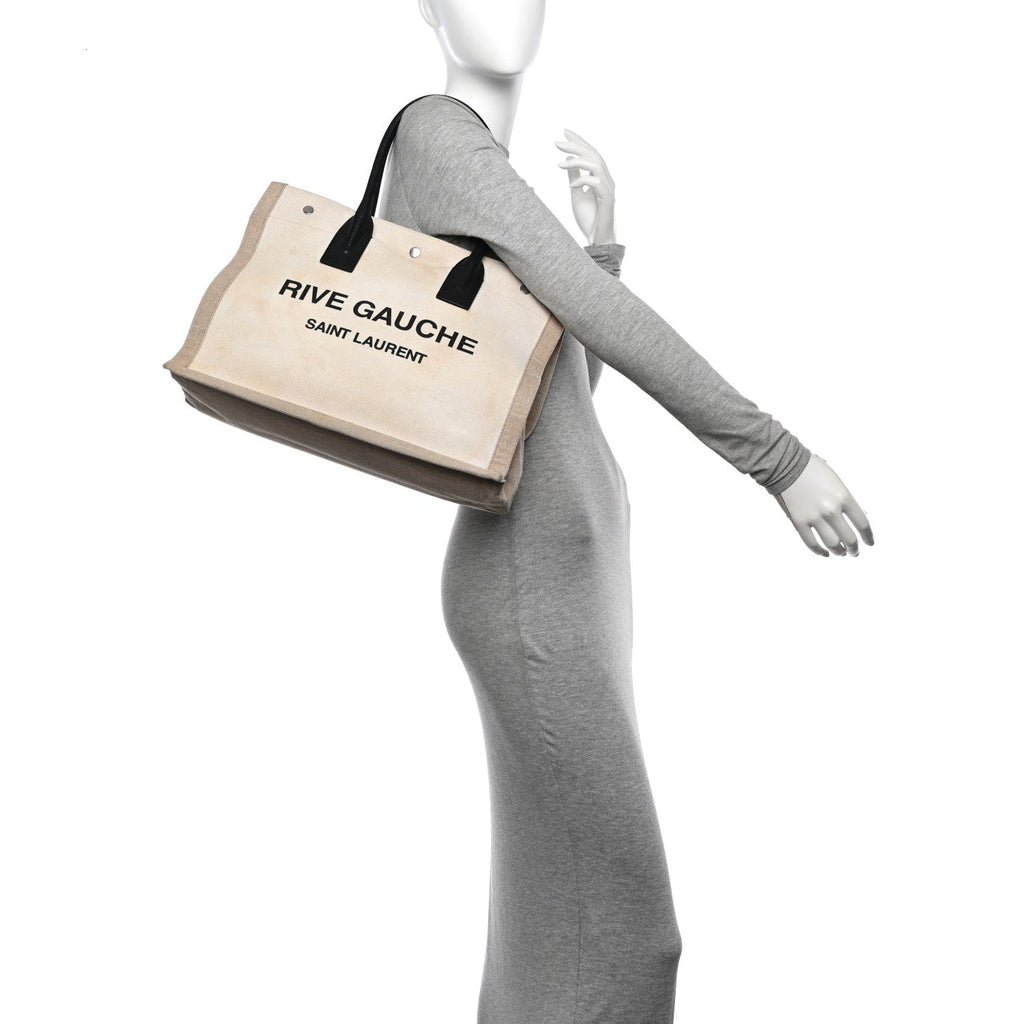 Linen Calfskin Small Rive Gauche Tote Greggio Natural