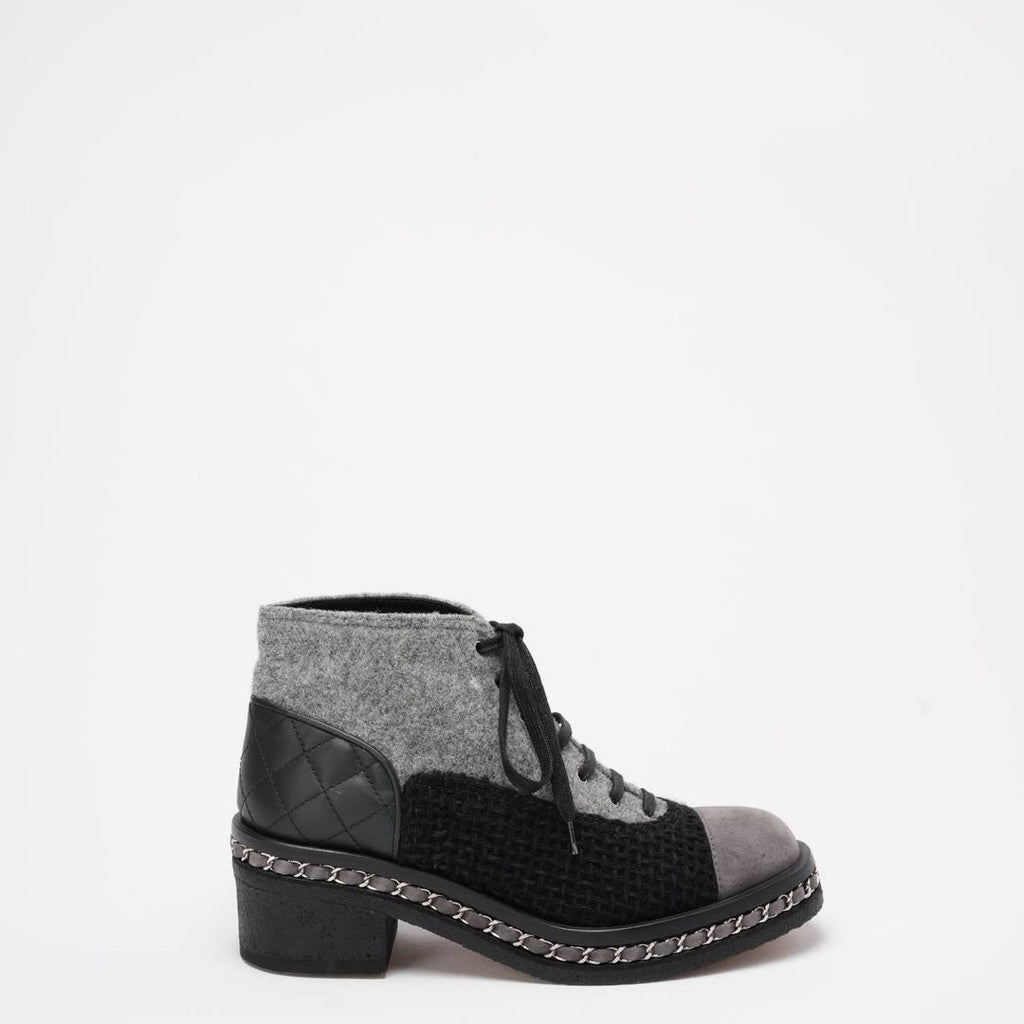 Chanel Black/Grey Tweed Suede Chain Ankle Boots 37