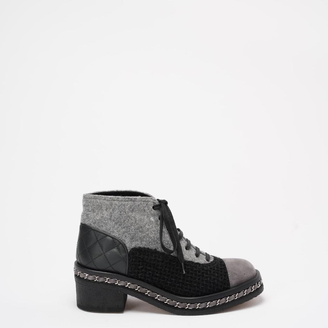 Chanel Black/Grey Tweed Suede Chain Ankle Boots 37