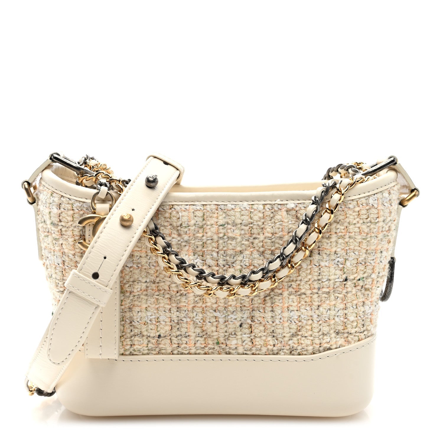 Tweed Calfskin Quilted Small Gabrielle Hobo Beige Ivory