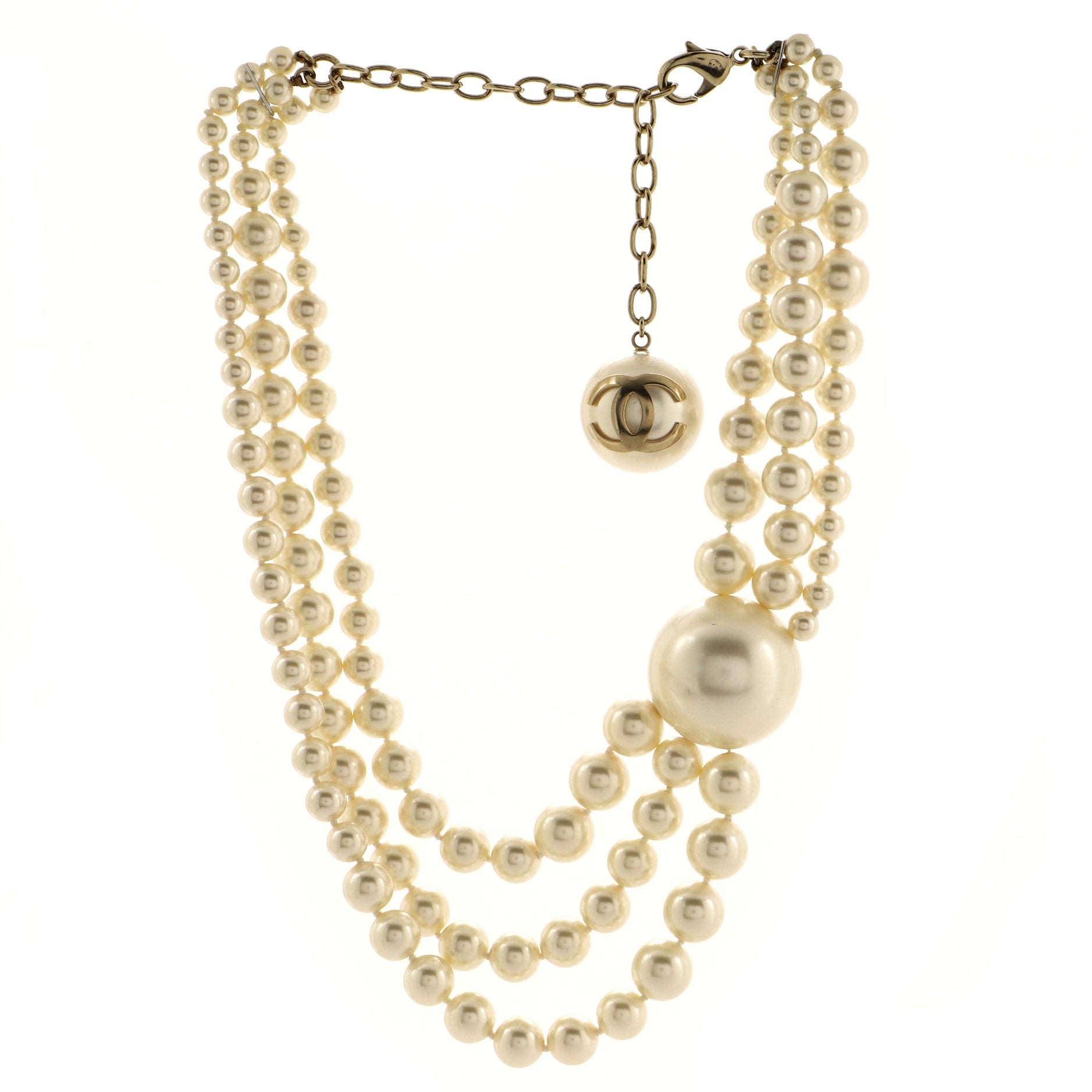 CC Orb Triple Strand Necklace Faux Pearls