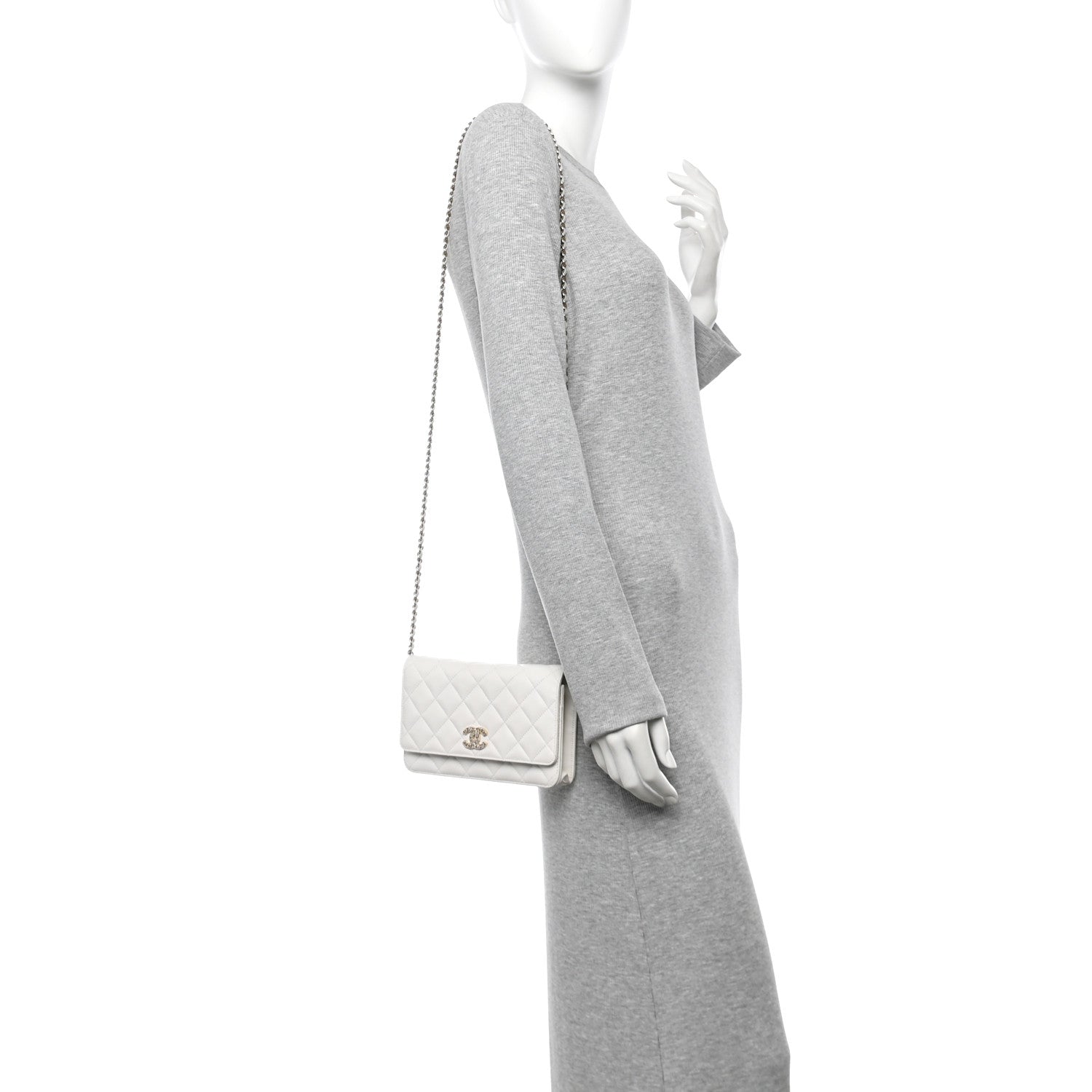 Shiny Caviar Quilted Crystal Heart CC Wallet On Chain WOC White