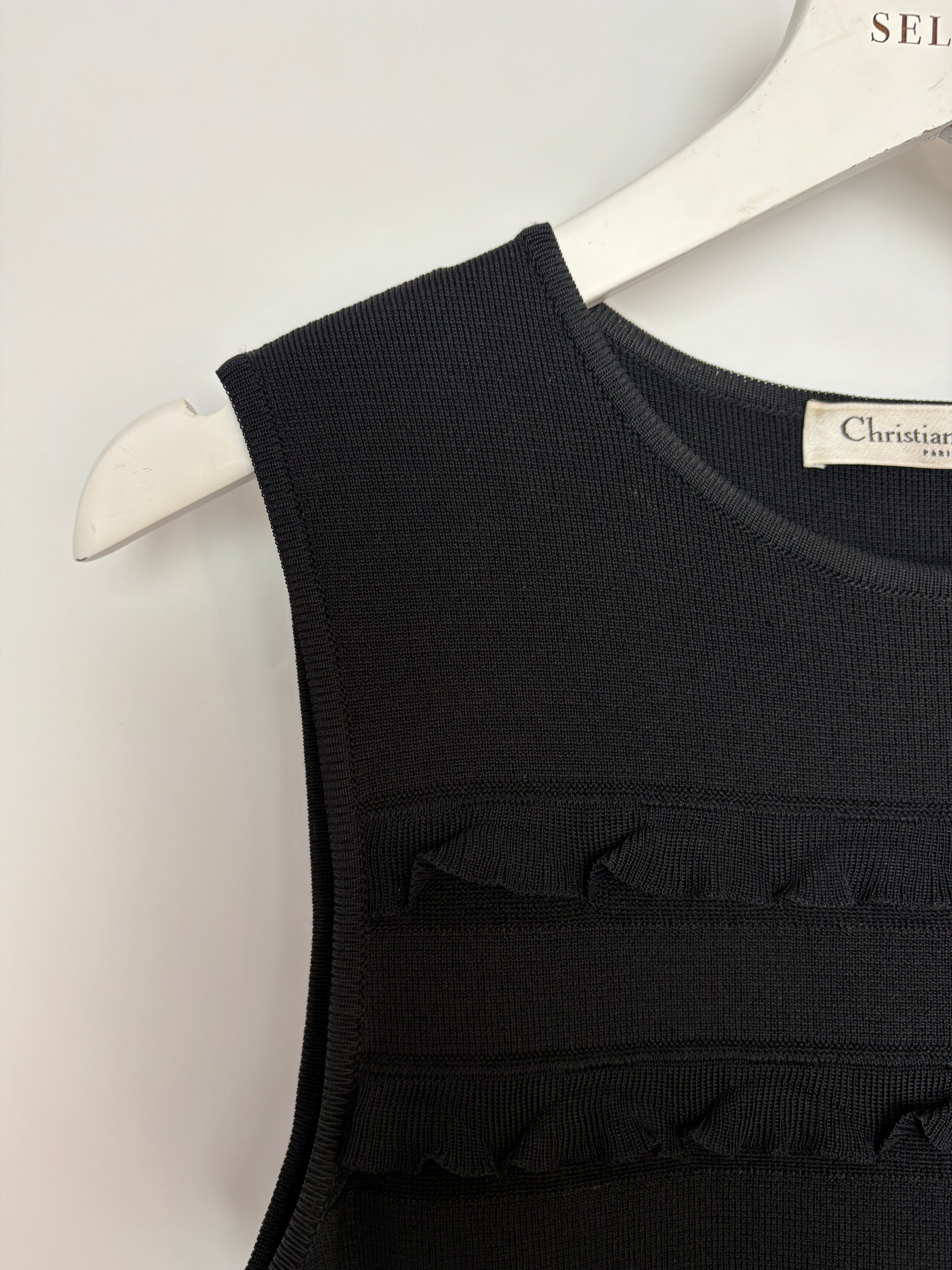Christian Dior Black Sleeveless Knitted Midi Dress with Frill Detail FR 34 (UK 6)