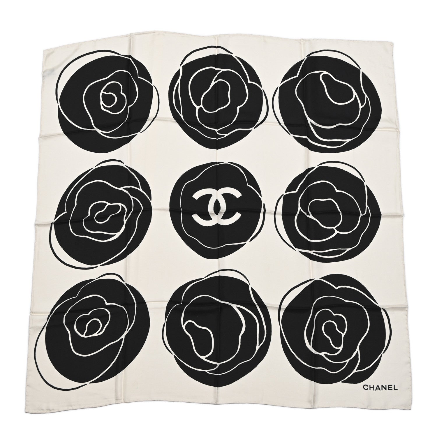Silk CC Camellia Scarf Black White