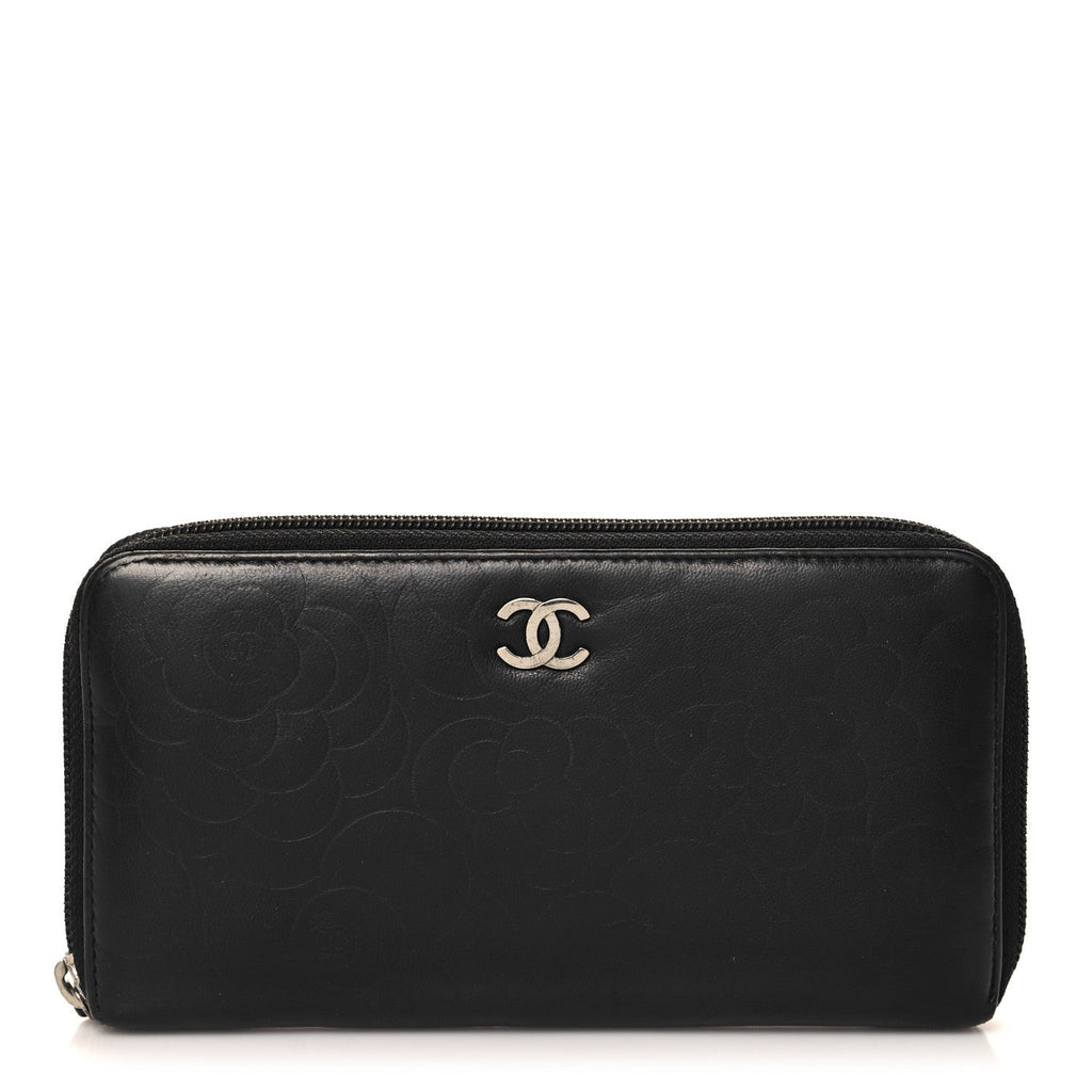 Lambskin Camellia Embossed Large Zip Around Gusset Wallet Black