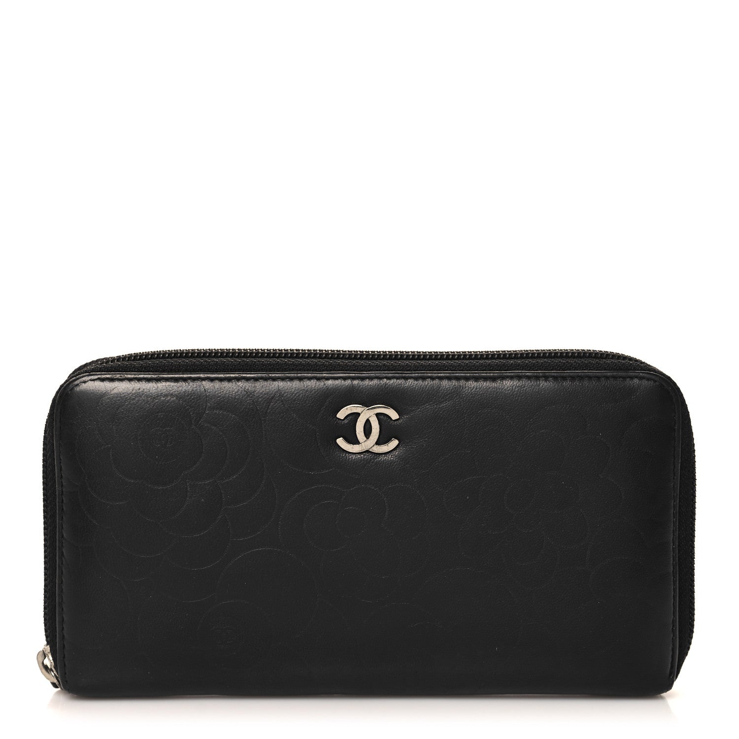Lambskin Camellia Embossed Large Zip Around Gusset Wallet Black