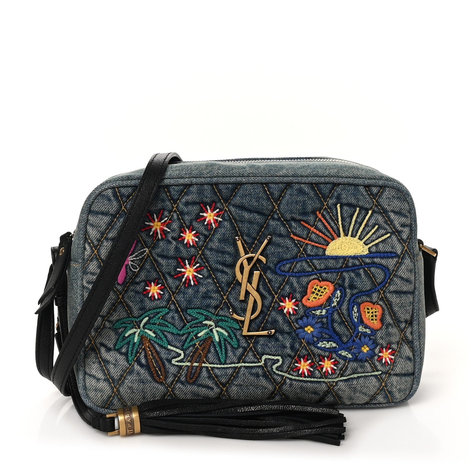 Denim Matelasse Quilted Summer Embroidered Classic Monogram Camera Bag Blue