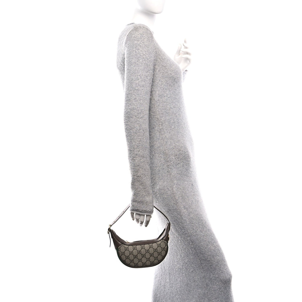 GG Supreme Monogram Textured Calfskin Web Mini Ophidia Half Moon Hobo Beige Ebony New Acero