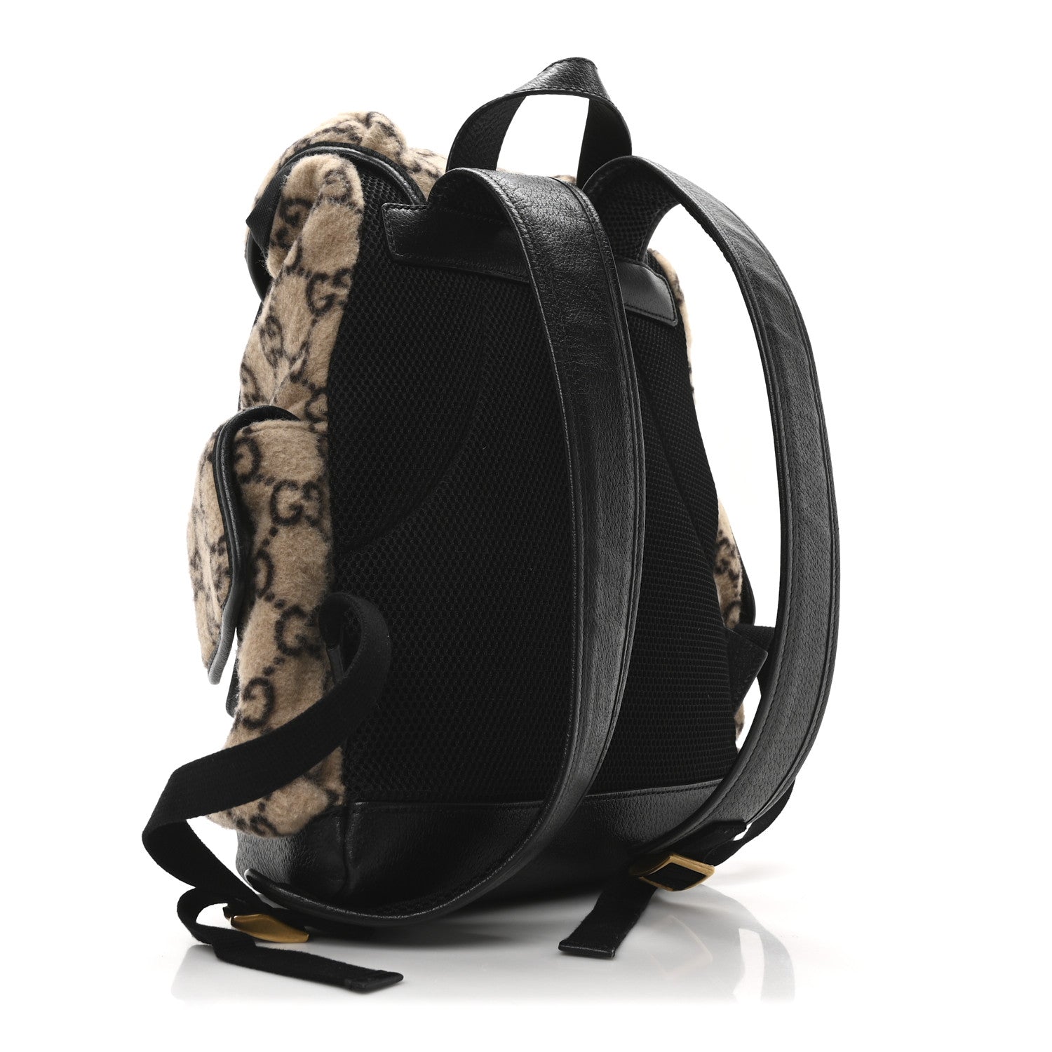 Covered Wool GG Monogram Large Double Buckle Backpack Beige Ebony Black
