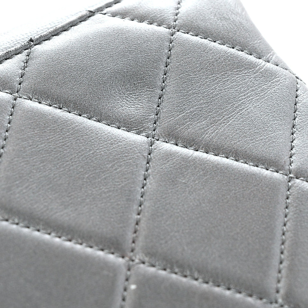 Metallic Lambskin Quilted Retro Label Clutch Charcoal Grey