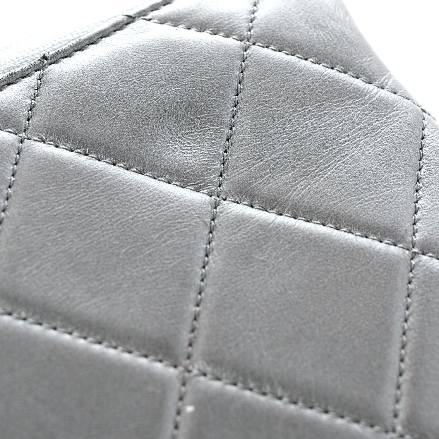 Metallic Lambskin Quilted Retro Label Clutch Charcoal Grey