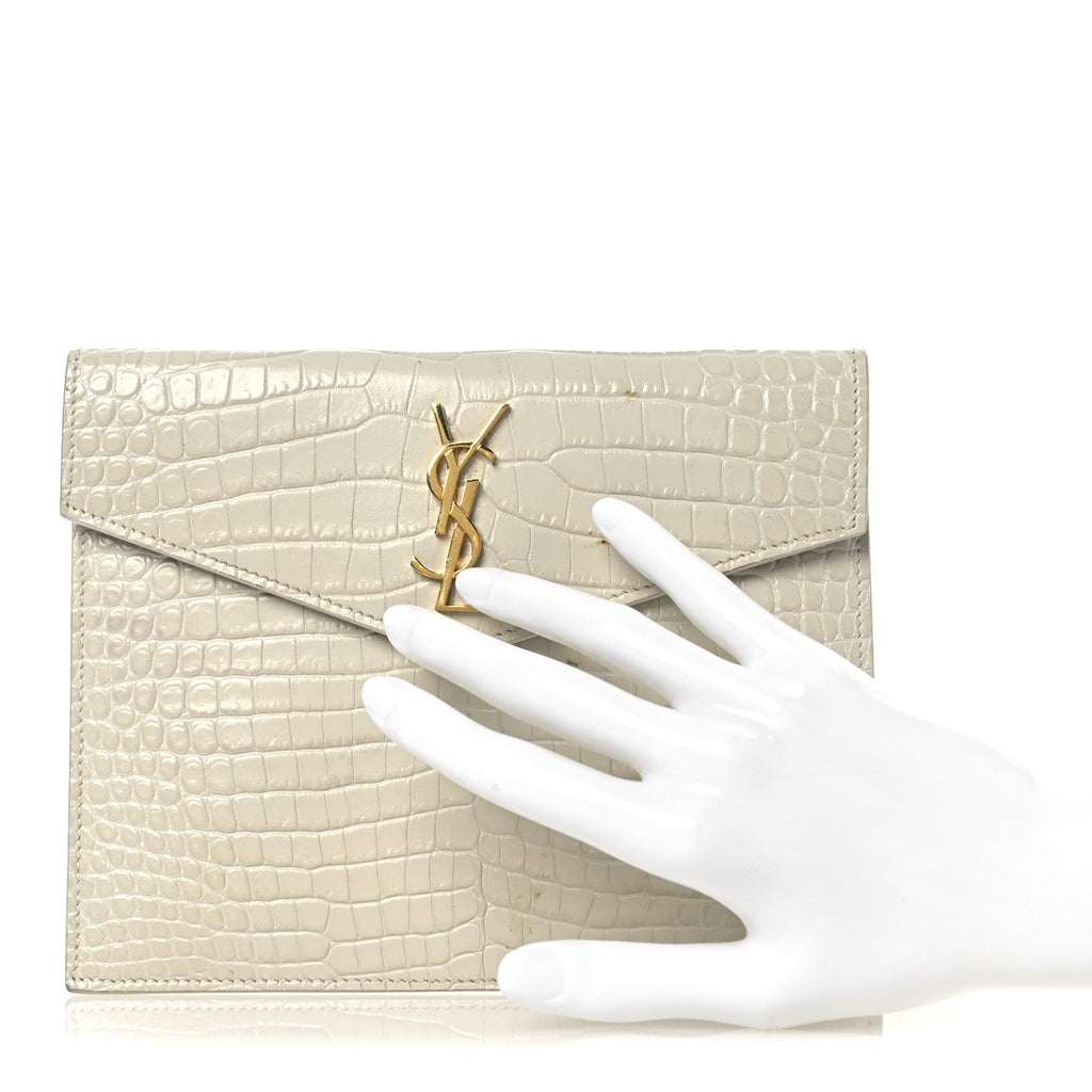 Calfskin Crocodile Embossed Monogram Uptown Baby Pouch Perle