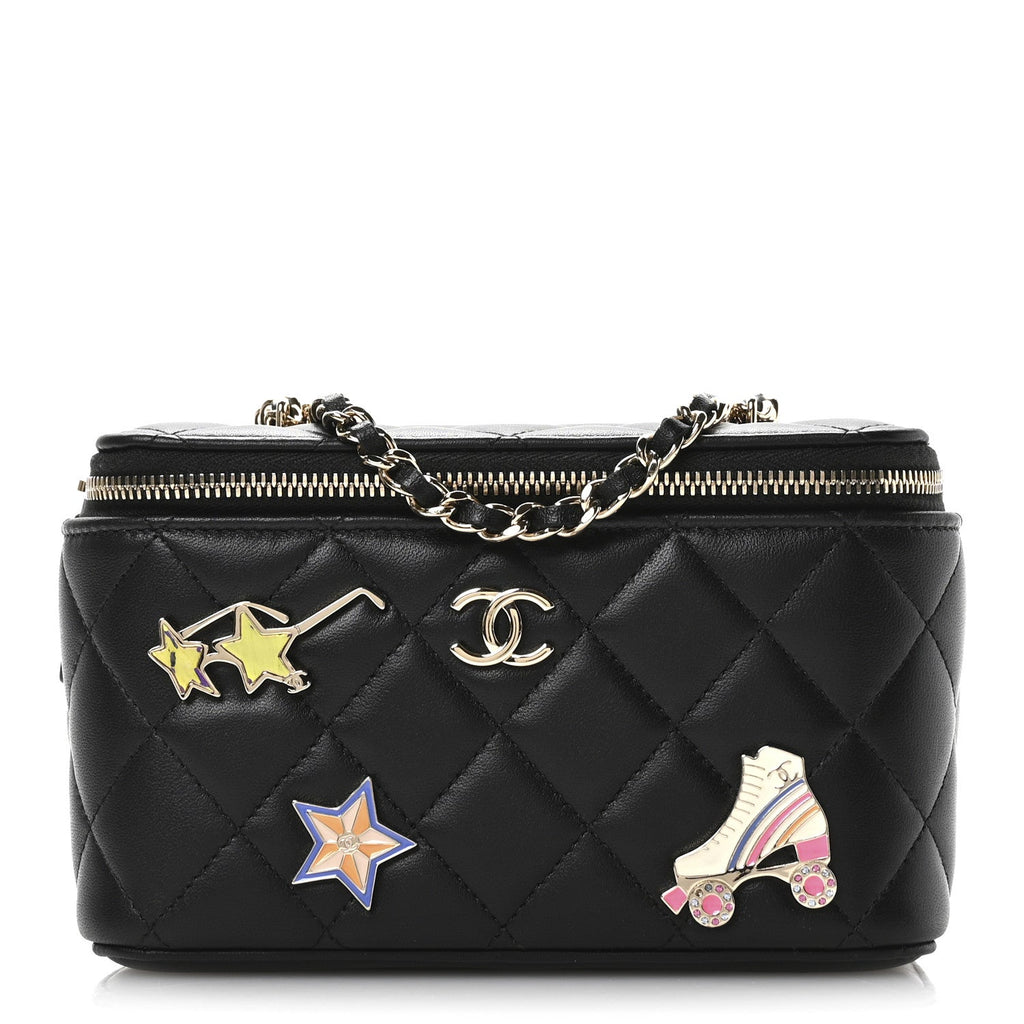 Lambskin Enamel Quilted Roller Skate Small Vanity Case With Chain Black