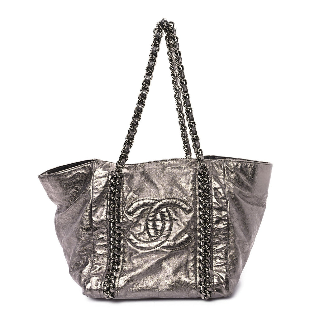 Metallic Cracked Calfskin Modern Chain Tote Dark Silver