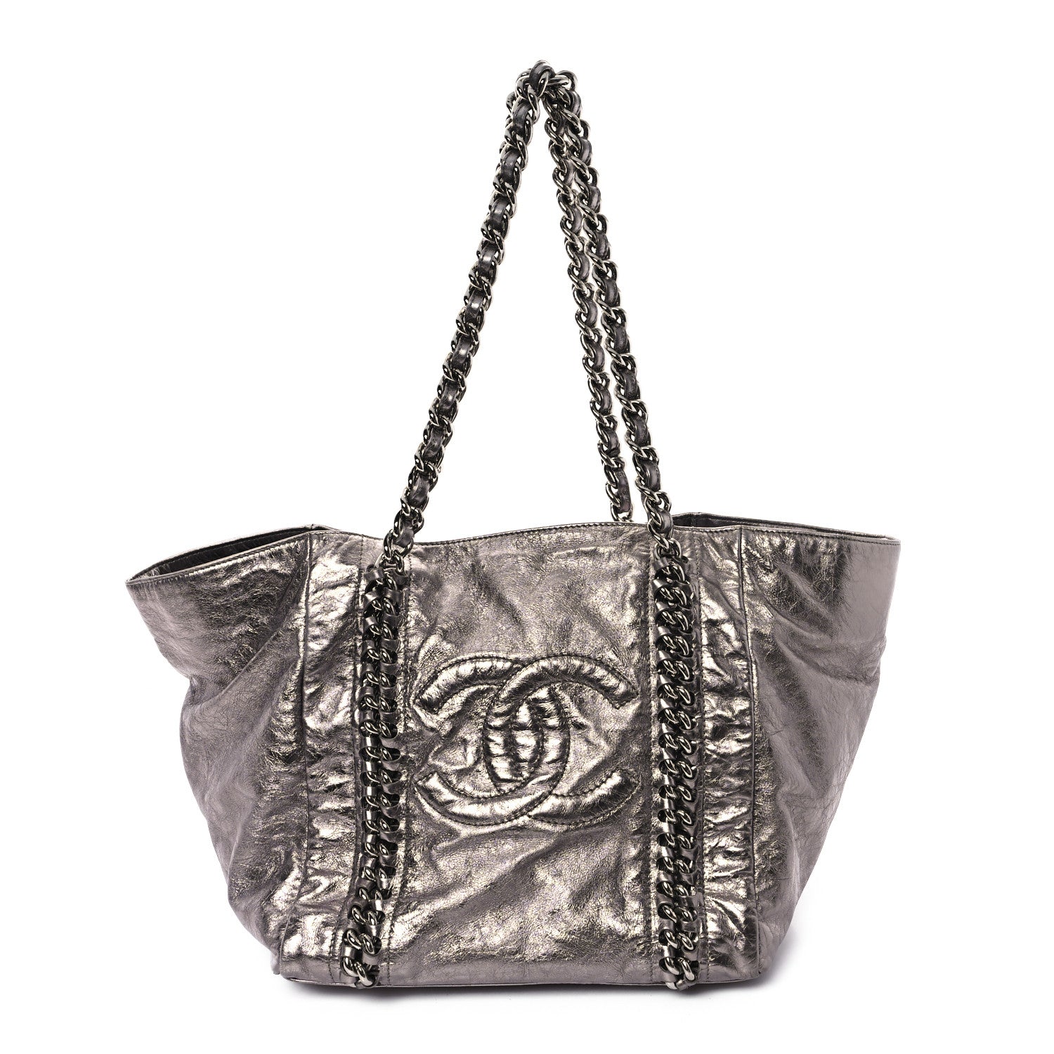 Metallic Cracked Calfskin Modern Chain Tote Dark Silver