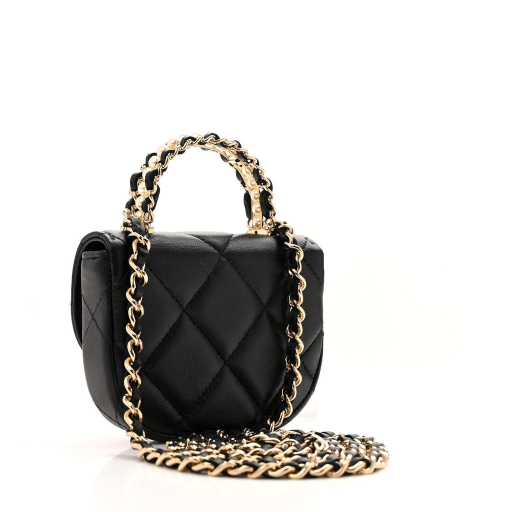 Lambskin Quilted Pearl Top Handle Clutch With Chain  Black