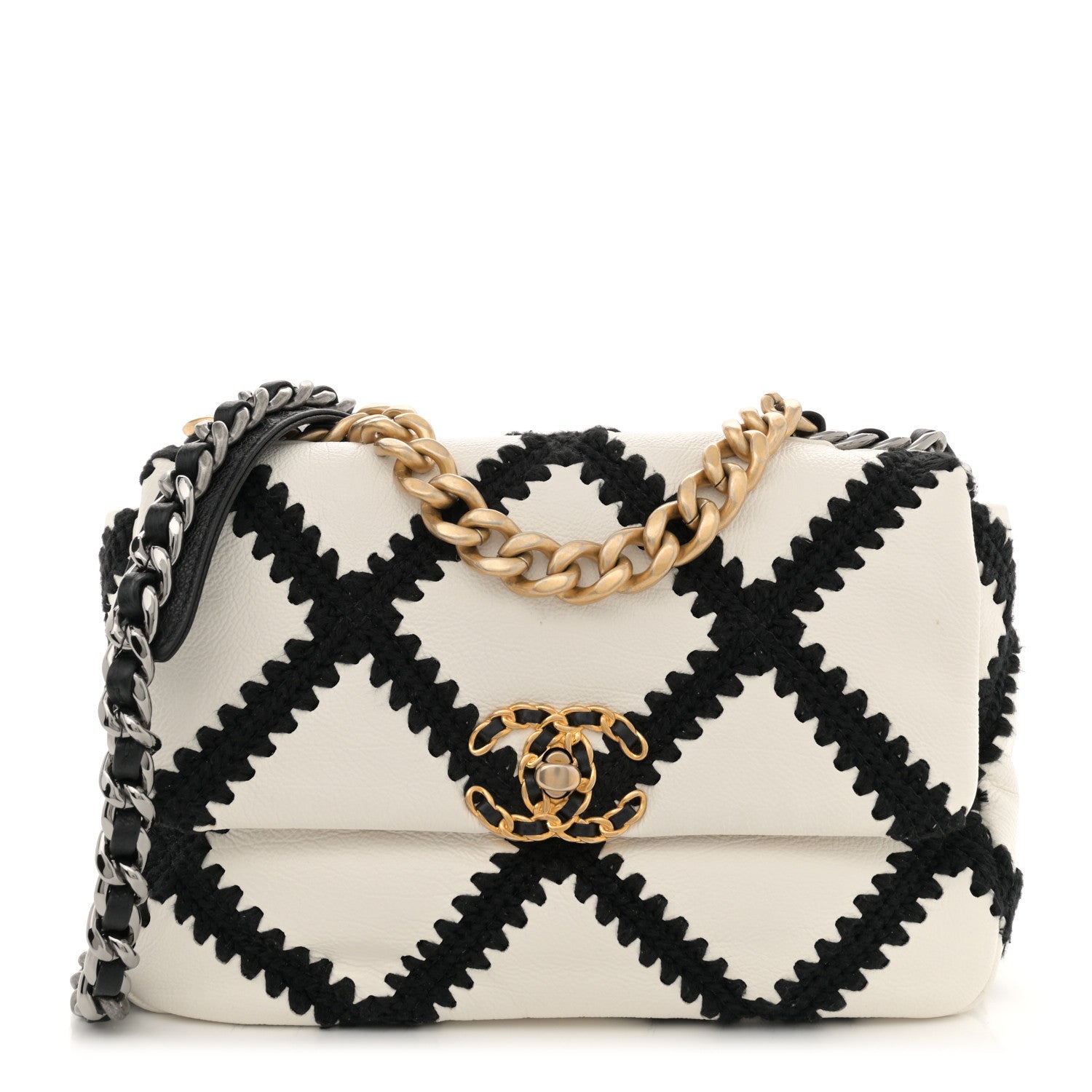 Calfskin Crochet Medium Chanel 19 Flap White Black