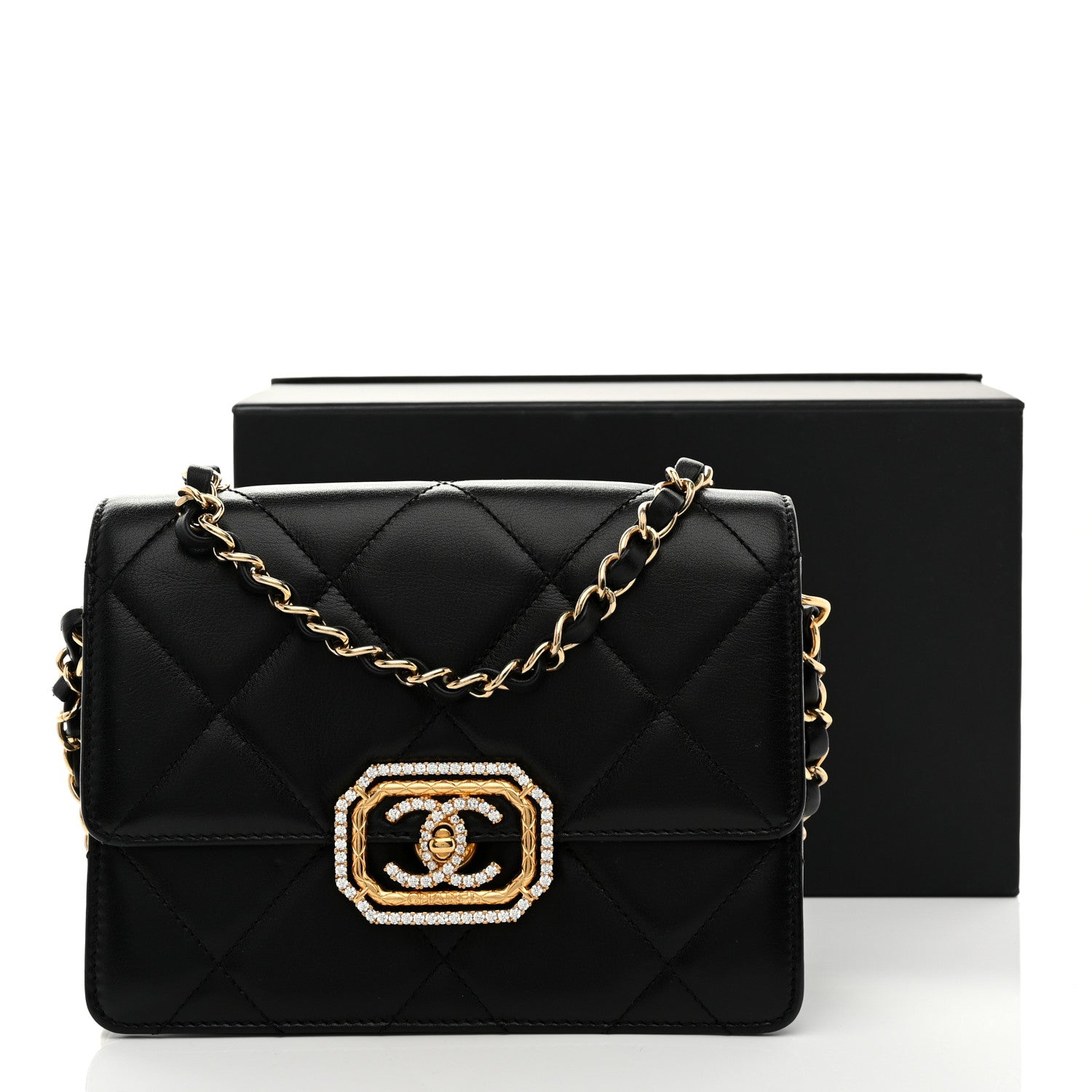 Calfskin Strass Quilted Mini Flap Black