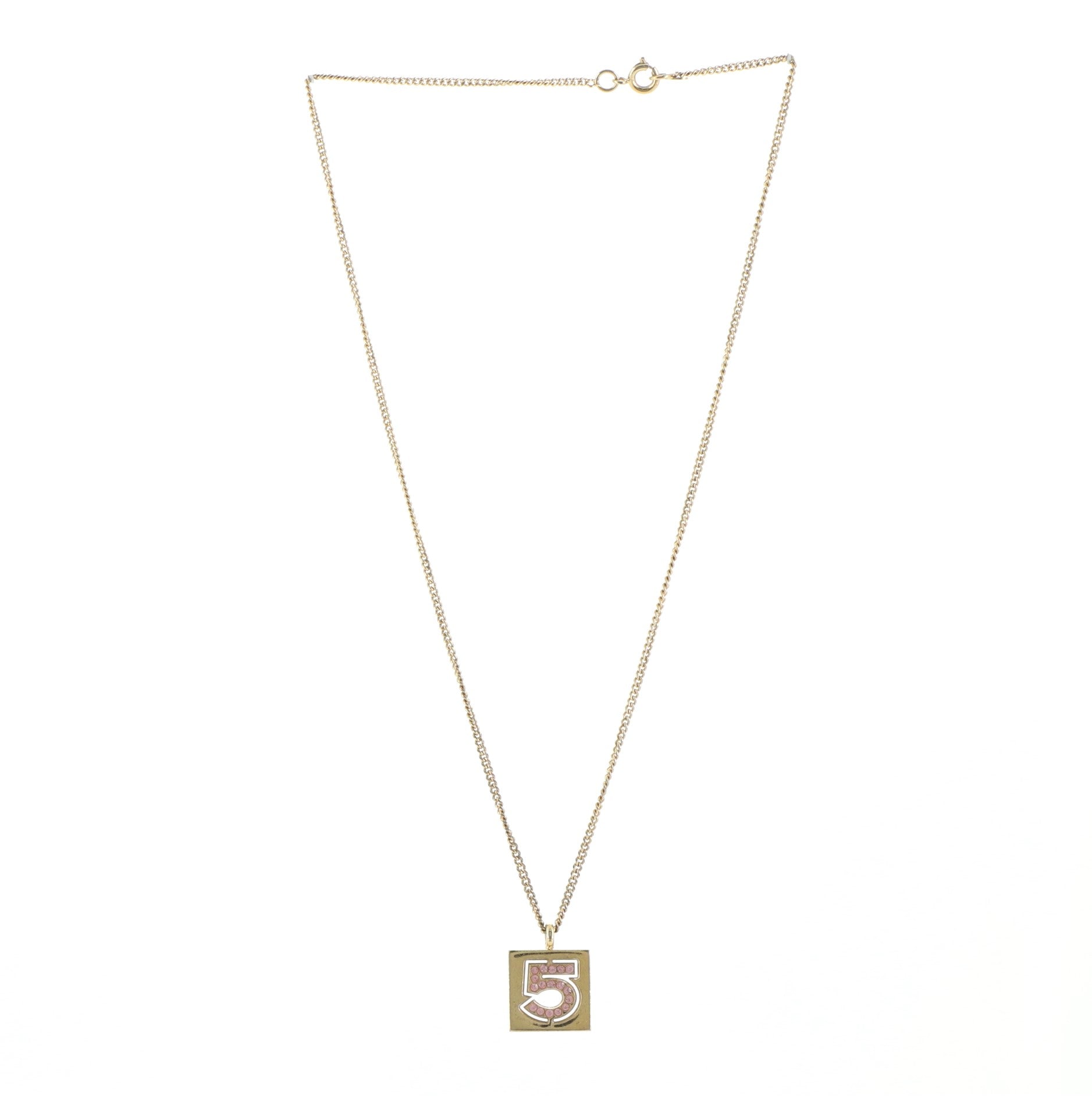 No.5 Square Pendant Necklace Crystal Embellished Metal