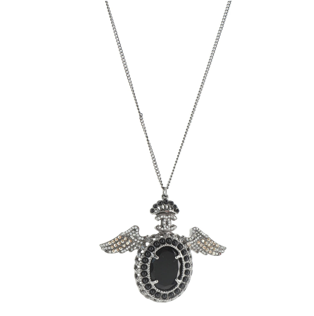 Oval Wing Pendant Necklace Metal and Rhinestones with Cabochon Beads