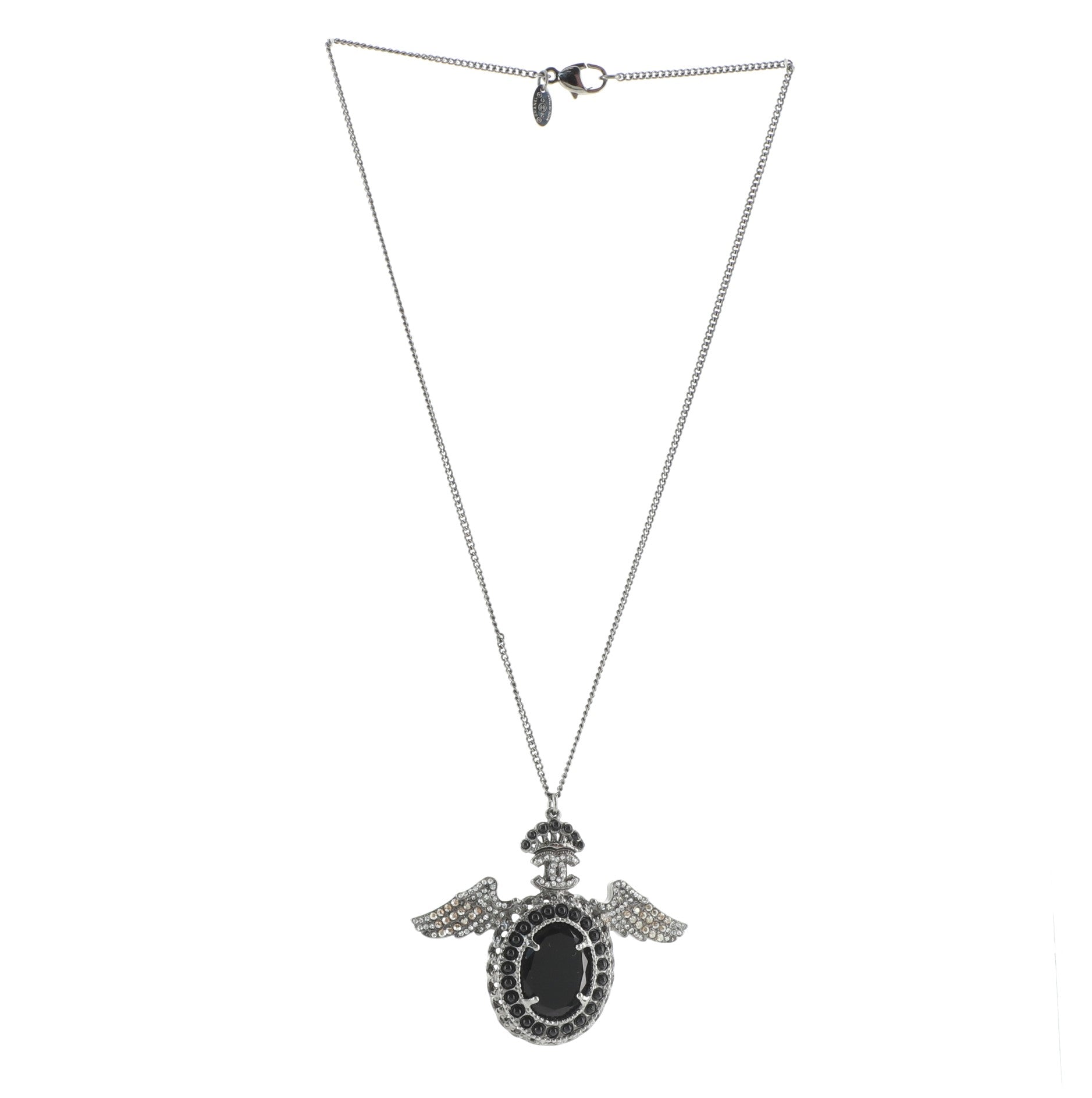 Oval Wing Pendant Necklace Metal and Rhinestones with Cabochon Beads