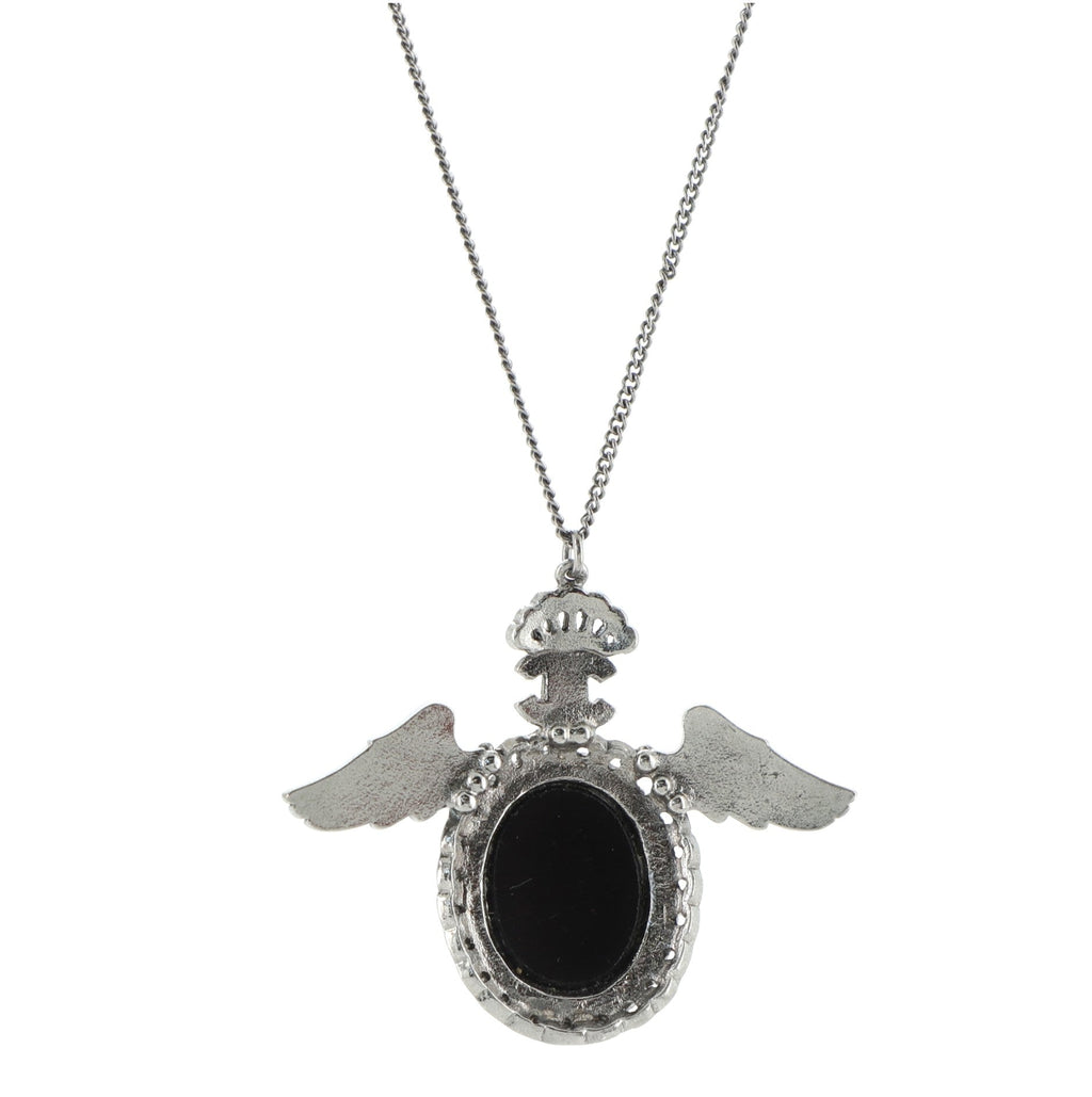 Oval Wing Pendant Necklace Metal and Rhinestones with Cabochon Beads