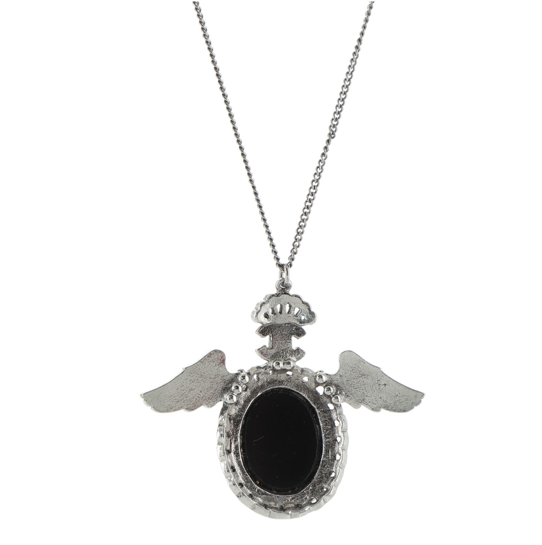 Oval Wing Pendant Necklace Metal and Rhinestones with Cabochon Beads