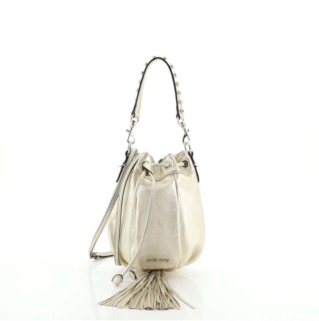 Crystal Tassel Bucket Bag Metallic Leather Mini