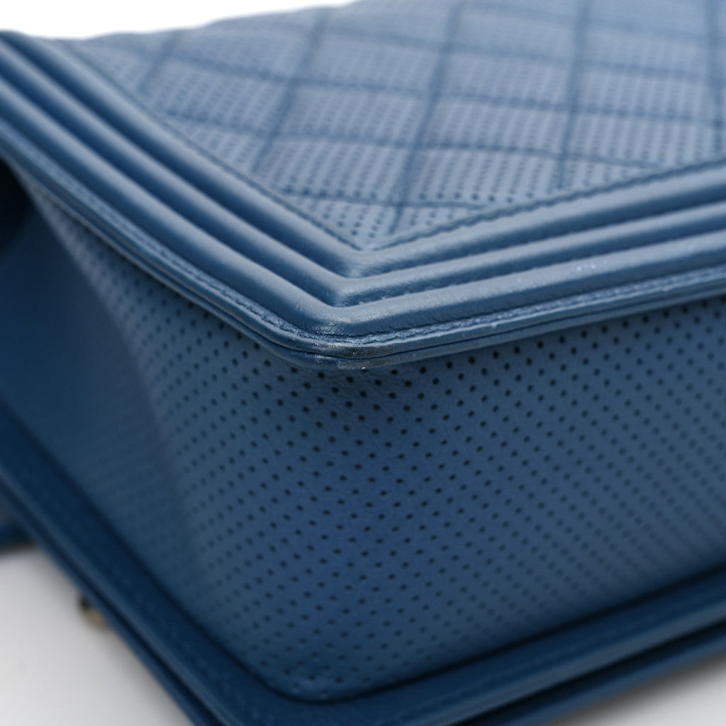Perforated Lambskin Quilted New Medium Boy Flap Blue