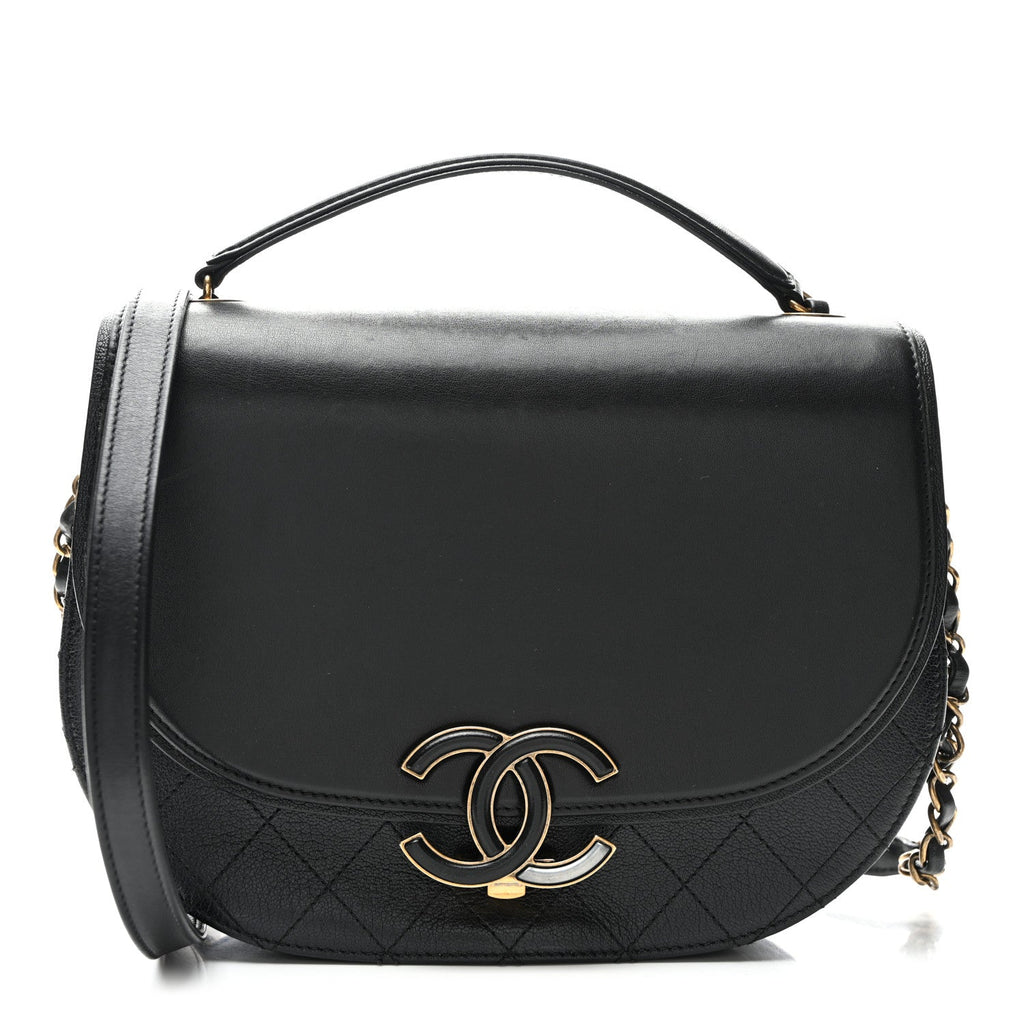 Shiny Calfskin Goatskin Quilted Medium Coco Curve Messenger Flap Black