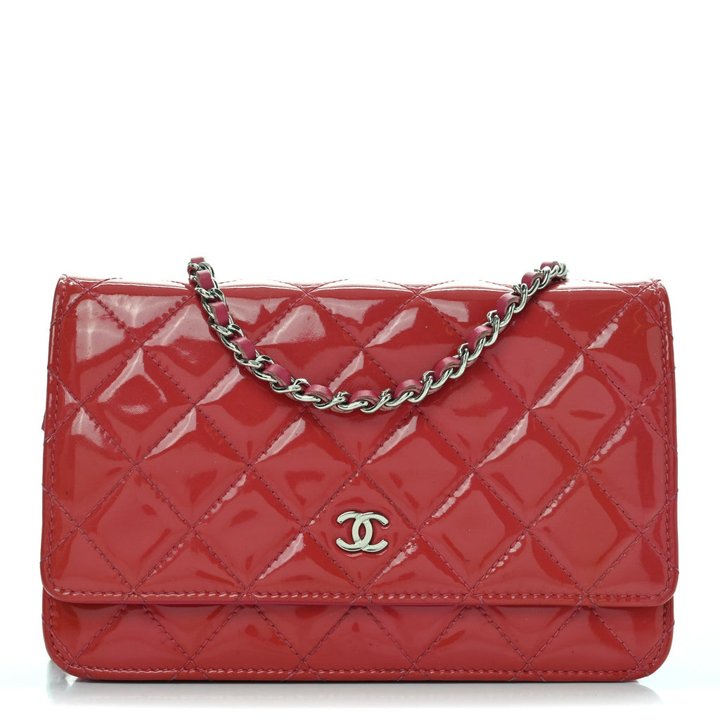 Patent Calfskin Quilted Wallet On Chain WOC Pink