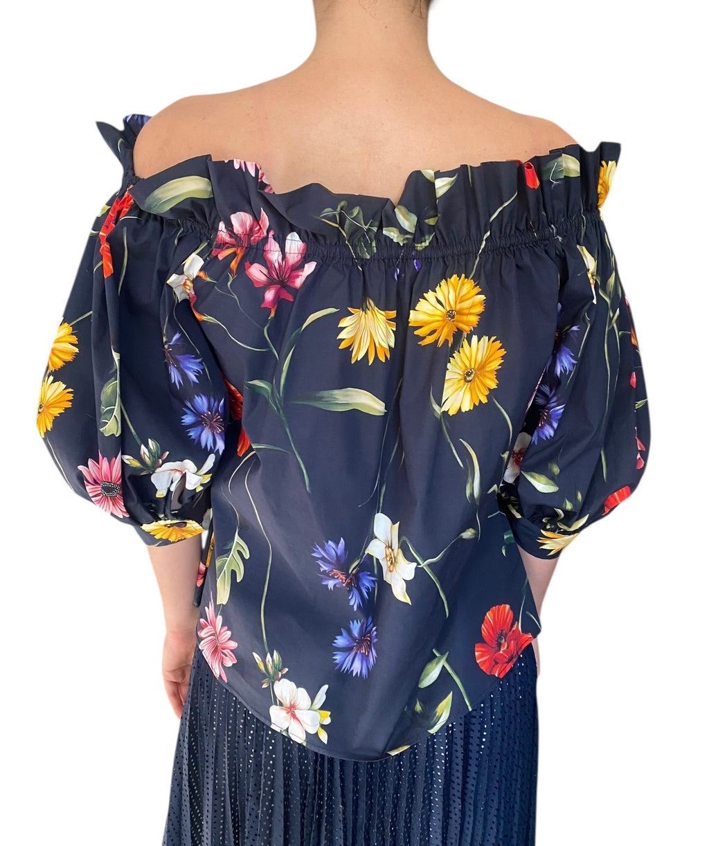 Oscar De La Renta Navy Floral Off-Shoulder Top - S