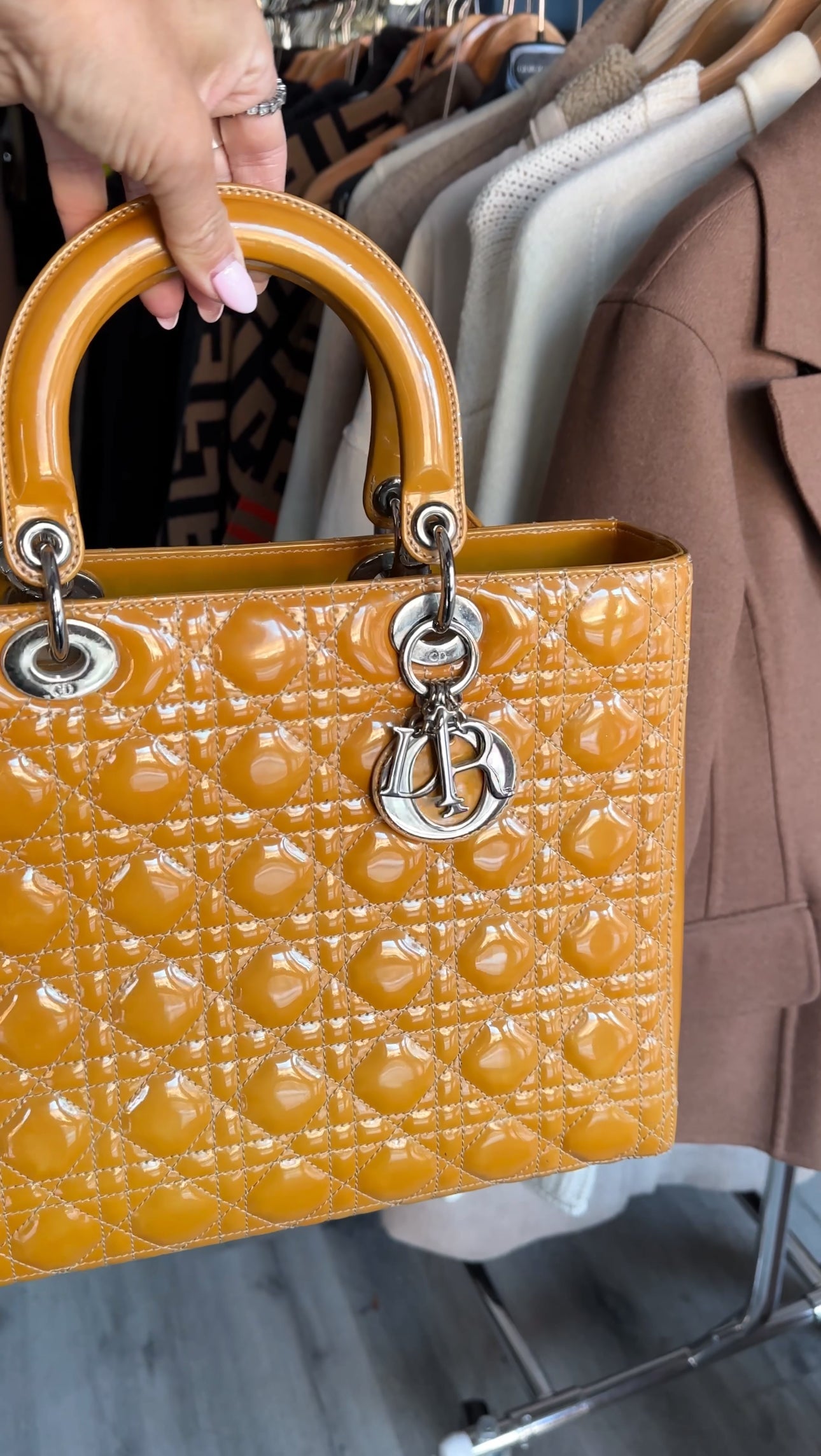 Christian Dior Vintage Large Mustard Patent Cannage Lady Dior SHW