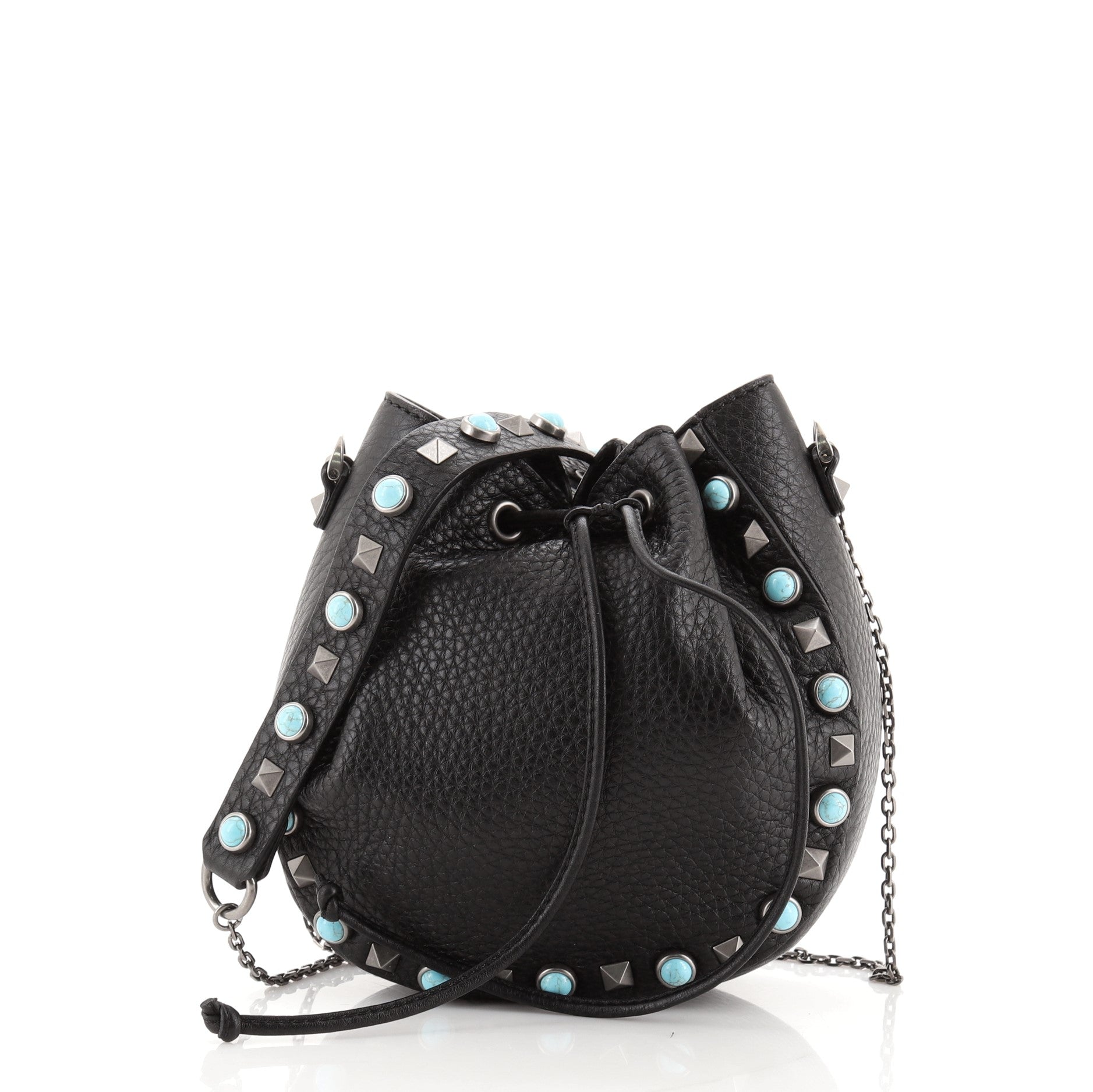 Rolling Rockstud Drawstring Bucket Bag Leather with Cabochons Mini
